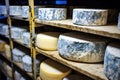 close-up image of blue-veined cheese maturing in cellar