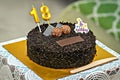 Close up image of a brown textured cake with golden letters of 18 and some decorations , ready for cutting Royalty Free Stock Photo
