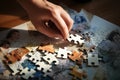 Close-up image of businesswoman hand connecting jigsaw puzzle pieces