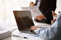 Close-up image of a businesswoman using her laptop during the meeting with her boss Royalty Free Stock Photo