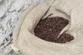 Close up image of canvas sack fuul of roasted brown coffee beans Royalty Free Stock Photo