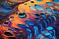 This close-up image captures the diverse colors and unique textures of a vibrant liquid substance, Oil slick pattern on water, AI