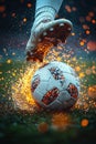 Close-up of a Soccer Ball and a Foot Amid Dynamic Sparks Royalty Free Stock Photo