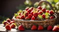 Ripe Red Strawberries Nestled in a Rustic Wicker Basket on a Wooden Table Royalty Free Stock Photo