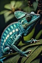 Close up image of a chameleon with vivid colors on a green background