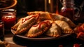A close-up image of chicken empanadas with a side of ketchup, AI-Generated Royalty Free Stock Photo