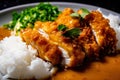 Close-up image of chicken katsu curry with a side of steaming white rice, garnished with fresh herbs