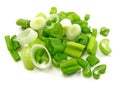 A close up image of chopped spring onions on a whi