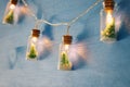 close up image of Christmas tree in the masson jar garland light over wooden blue background. Royalty Free Stock Photo