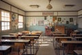 Classroom with coffee benches and wall with papers, back to school. Generative ai Royalty Free Stock Photo