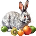 A close-up image of a colorful rabbit and fruits. Ai-Generated.