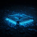 A close-up image of a computer microchip illuminated with a blue glow, emphasizing Royalty Free Stock Photo