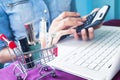 Close up image cosmetic, beauty items in shopping cart, woman`s Royalty Free Stock Photo