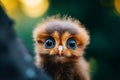 Close-up Image of a Cute Baby Owl Perched on a Pine Branch in the Enchanting Forest Royalty Free Stock Photo