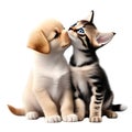 A close-up image of a cute little kitten and a puppy. Ai-Generated.