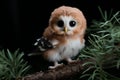 Close-up image of a cute owl chick perched on a pine branch in the enchanting forest Royalty Free Stock Photo