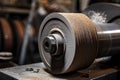 Close-up image of cylindrical part being ground by abrasive wheel in factory