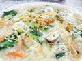 Close up image delicious wan tan ho. Chinese wet noodle seafood with eggs.