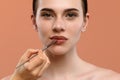Professional Lip Makeup Application on a Woman& x27;s Face Close-Up Royalty Free Stock Photo