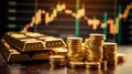 A close-up image of a desk with a stack of gold bullion bars and multiple piles of coins Royalty Free Stock Photo