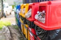 Close up image different colored recycle garbage trash Bins