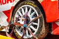 Close-up of toyota yaris WRC race car on towing truck after crash. Royalty Free Stock Photo