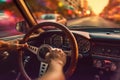 A close-up image of a driver\'s hand firmly gripping the steering wheel as their car overtakes, with a blurred background, Royalty Free Stock Photo