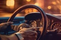 A close-up image of a driver\'s hand firmly gripping the steering wheel as their car overtakes, with a blurred background Royalty Free Stock Photo