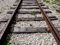 Close up image of empty railroad tracks go into the distance. Travel concept