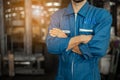 Close up image Engineer men wearing uniform safety in factory.