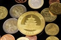 A close up image of Euro coins with a gold Chinese coin on a black background Royalty Free Stock Photo