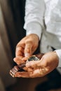 Close-up image of fashion luxury brown watch on wrist of man. Businessman Royalty Free Stock Photo