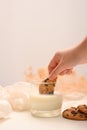 Female hand holding cookie and dipping in a warm milk Royalty Free Stock Photo