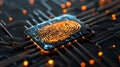 Close-up of fingertip interacting with glowing fingerprint on circuit board, representing biometric data and security systems