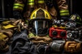 close-up image of a firefighter\'s gear, focusing on their helmet, gloves, boots, and tools, conveying the preparedness and