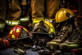 close-up image of a firefighter\'s gear, focusing on their helmet, gloves, boots, and tools, conveying the preparedness and