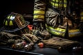 close-up image of a firefighter\'s gear, focusing on their helmet, gloves, boots, and tools, conveying the preparedness and