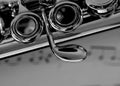 close up image of the Flute musical instrument resting on blurred note music.