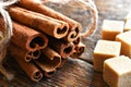 Cinnamon Sticks  and Brown Sugar Cubes Close Up Royalty Free Stock Photo