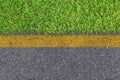 Empty space of Asphalt street roadway surface texture background with yellow line nearly green grass.