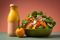 A close-up image of a giant champion salad bowl with a bottle on a table with two tone background.