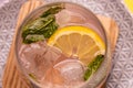 close up image of gin tonic with mint and lemon slice