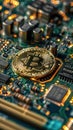 A close-up image of a gold Bitcoin coin on a green circuit board