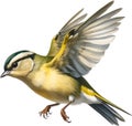 Close-up image of a Goldcrest bird. AI-generated.