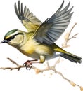 Close-up image of a Goldcrest bird. AI-generated.