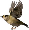 Close-up image of a Goldcrest bird. AI-generated.