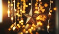 Golden Star Christmas Ornament with Festive Bokeh Lights Background, AI Generated Royalty Free Stock Photo