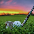 close-up image of a golf ball and a driver on a green course.[AI-generated] Royalty Free Stock Photo