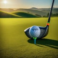 close-up image of a golf ball sitting on a light-blue tee on a green teeing ground. Royalty Free Stock Photo