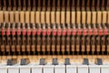 Close up image of grand piano keys and interior showing strings, hammer and structure background Royalty Free Stock Photo